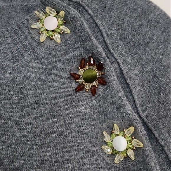 Valentino Grey Wool Sweater W/ Crystal Flower Embellishments, Size L ~ Like New - Picture 5 of 13